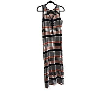 Talbots Women SZ L White/Blue/Orange Stripe Sleeveless Tie Neckline Maxi Dress